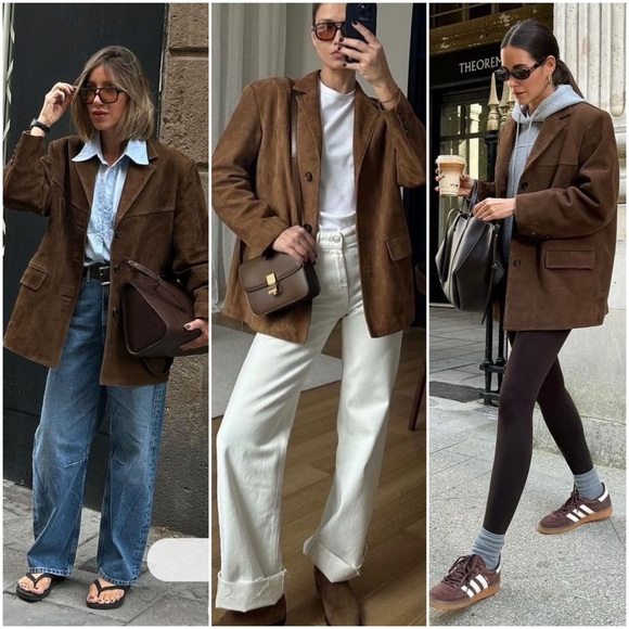 Faux Suede Brown Lapel Collar Button Up Oversized Jacket Blazer Small - Picture 1 of 14